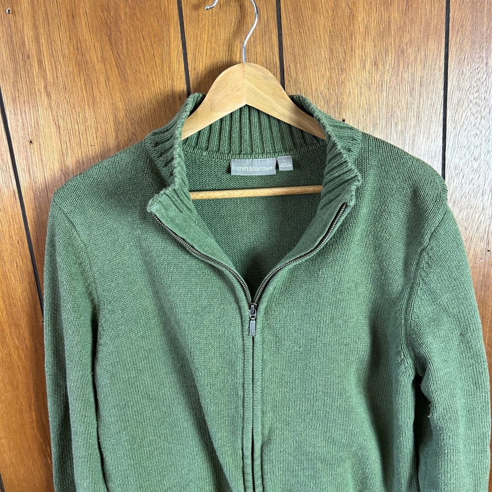 Croft & Barrow Mens Full Zip Sweater Olive Green Mock Neck Ribbed Knit Large - Picture 7 of 11